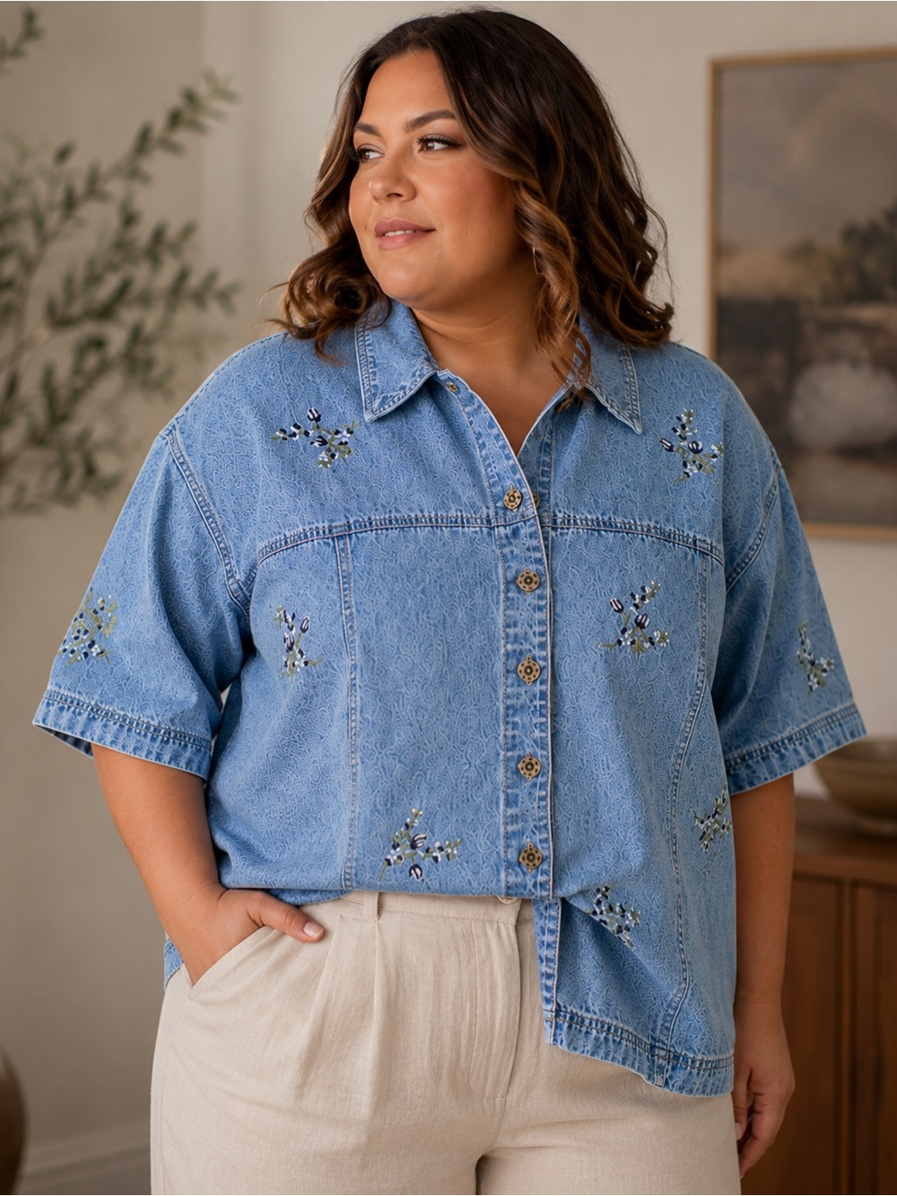 Vintage Denim & Co. Embroidered Denim Shirt — Size 3X